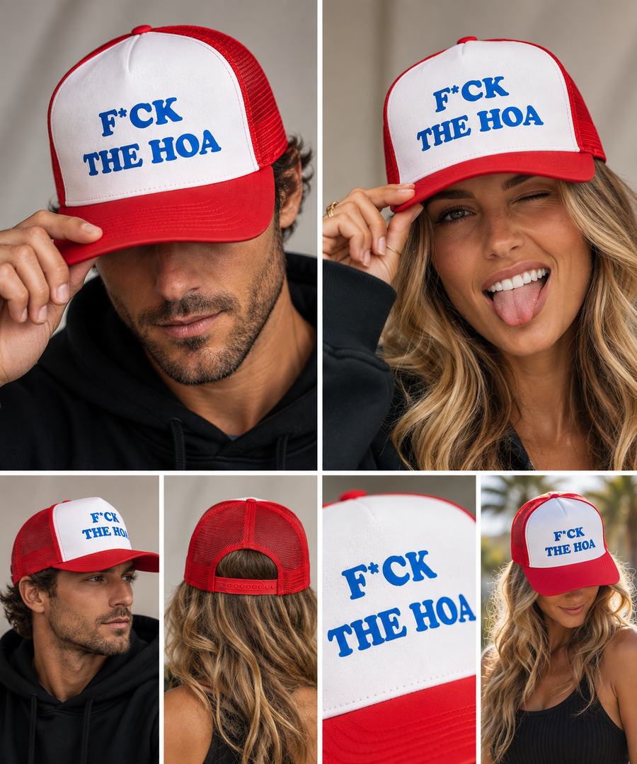 Man and woman wearing the red F*CK THE HOA flat-bill hat
