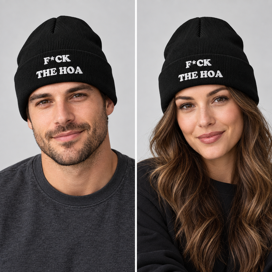 Man and woman wearing the black F*CK THE HOA embroidered beanie