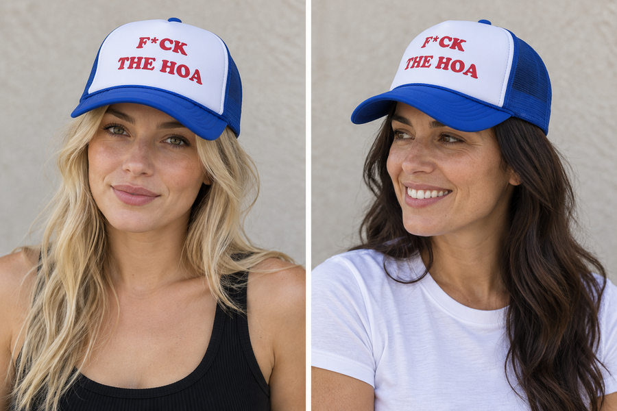 Woman wearing the blue F*CK THE HOA foam trucker with curved bill