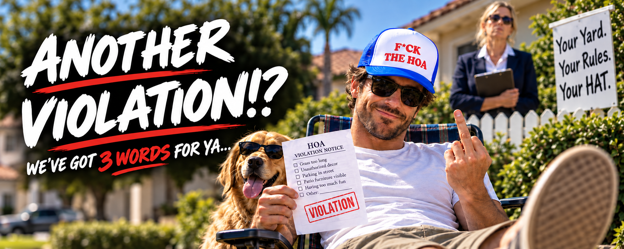 Another violation!? We’ve got 3 words for ya. A man in a blue F*CK THE HOA hat relaxes with a sunglasses-wearing dog while a clipboard-carrying neighbor looks on. 